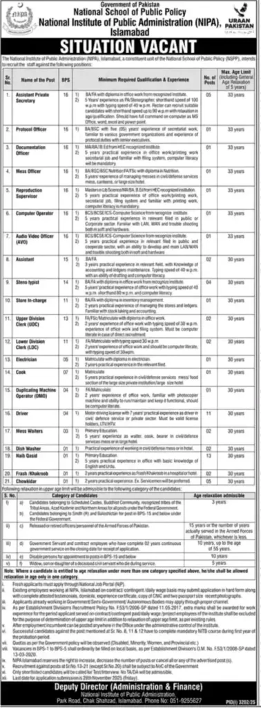 National Institute of Public Administration (NIPA) Islamabad Announces Multiple Government Job Vacancies — Apply Now for BPS-01 to BPS-16 Positions