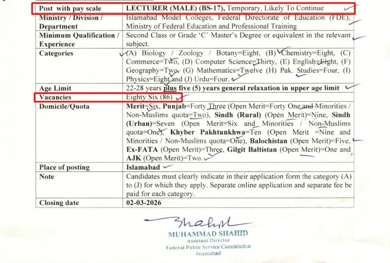 86 Lecturer Jobs Announced by FPSC in Ad No. 1/2026 1 86 Lecturer Jobs Announced by FPSC in Ad No. 1/2026