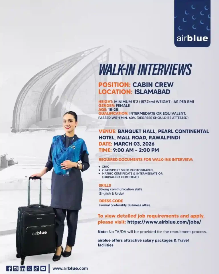 Airblue Cabin Crew Walk-In Interview 2026 in Islamabad