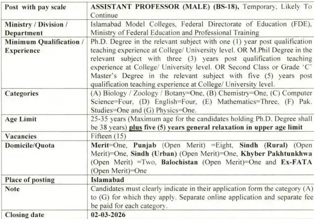 Assistant Professor (Male) BS-18 Jobs 2026 via FPSC in FDE Islamabad
