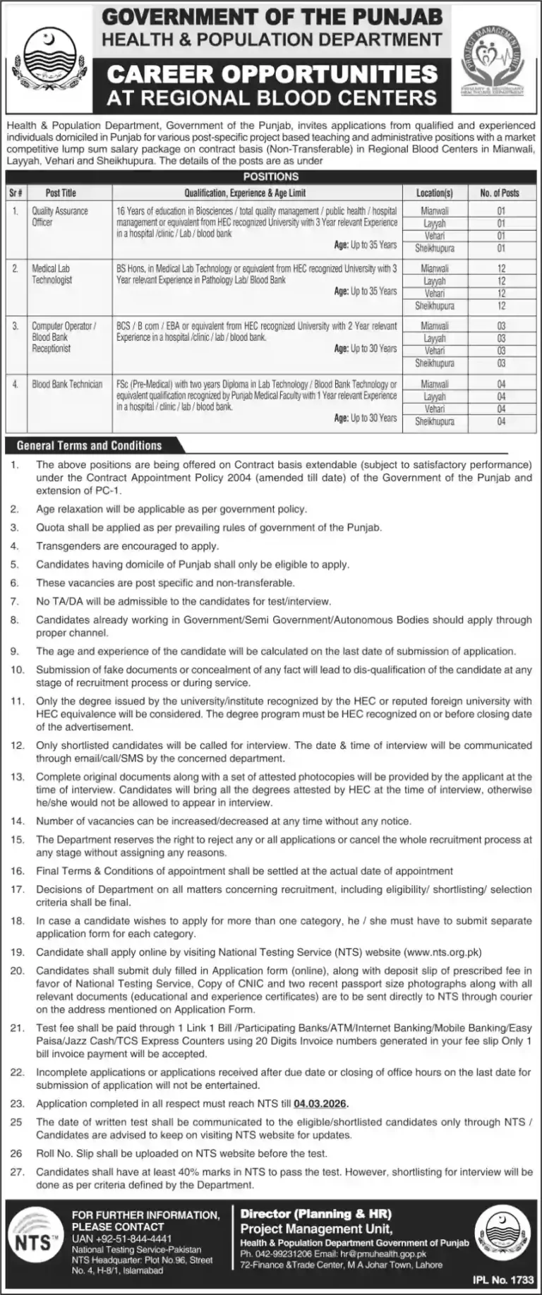 Health & Population Department Punjab Jobs 2026 NTS Application Open
