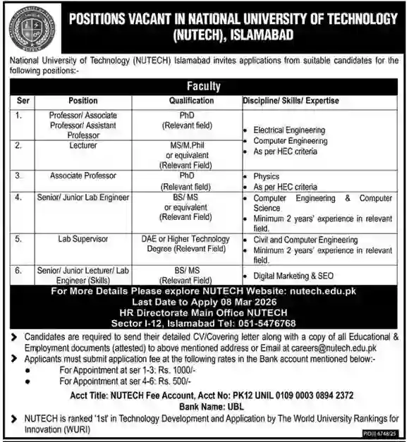 NUTECH Islamabad Jobs 2026