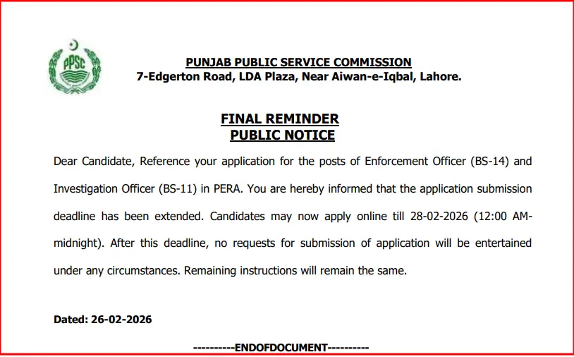 PPSC Jobs Application Date Extended For PERA Posts – Check Which PPSC Posts Deadline Is Extended 6 PPSC PERA Jobs Application Date Extended 2026