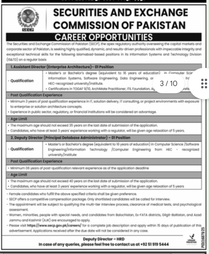 Securities and Exchange Commission of Pakistan SECP Jobs 2026 Apply Online