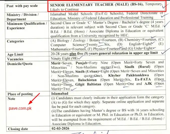 Senior Elementary Teacher (Male) BS-16 Jobs 2026 – Apply via FPSC Ad No. 1