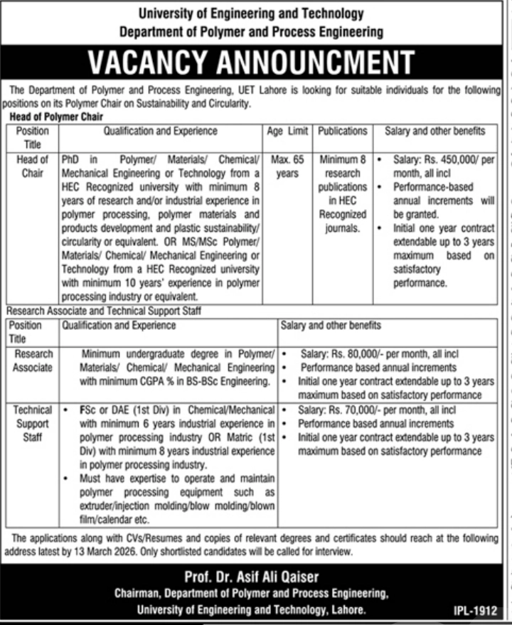 University of Engineering and Technology UET Lahore Jobs March 2026 Multiple Govt Positions Announced