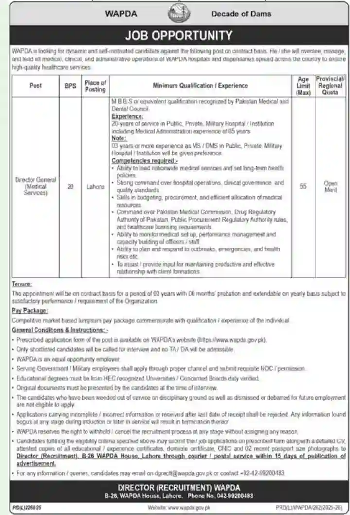 WAPDA Jobs 2026 for Director General Medical Services – Lahore Posting